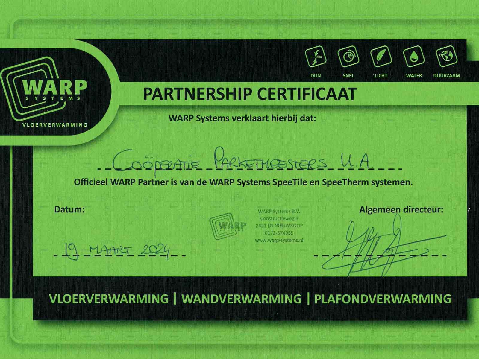 Warp systems partnership certificaat
